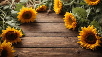 sunflowers against wooden wall background 