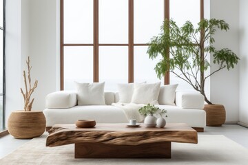 Fototapeta na wymiar Living Room With White Couch and Wooden Coffee Table. Scandinavian home interior design of modern living home.