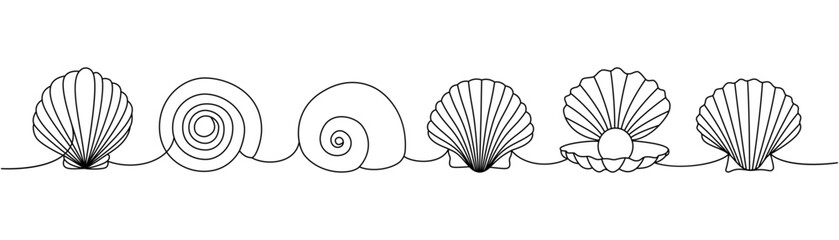 Set of sea shells. Sea shells, mollusks, scallop, pearls. Tropical underwater shells continuous one line illustration. Vector minimalist illustration. - obrazy, fototapety, plakaty