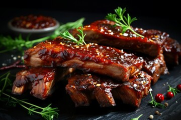 Juicy Grilled ribs bbq. Fire pork beef. Generate Ai - obrazy, fototapety, plakaty
