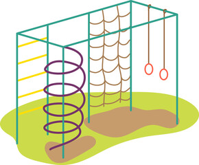 Colorful playground equipment with swings, ladder, and spiral. Flat style kids outdoor play area vector illustration.
