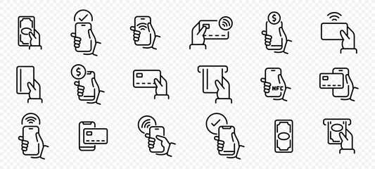 Payment method vector icons. Payment line icons set. Contactless payment. Cash money, credit card, wallet, cashless pay, contactless purchase.