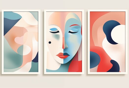 Geometric woman abstract face artwork picture frame collection set on wall, minimal style home wall hanging decor, mockup idea, Generative Ai