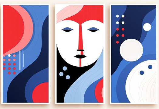 Geometric woman abstract face artwork picture frame collection set on wall, minimal style home wall hanging decor, mockup idea, Generative Ai