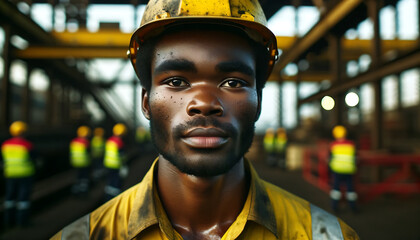 Ouvrier en usine avec casque jaune et tenue de travail, idéal pour illustrer le monde du travail,...