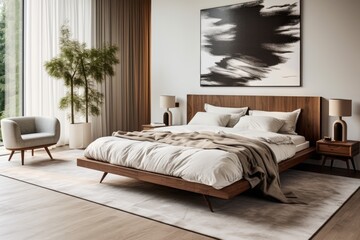 Spacious Bedroom With King-Sized Bed and Wall Painting. Scandinavian home interior design of modern living home.
