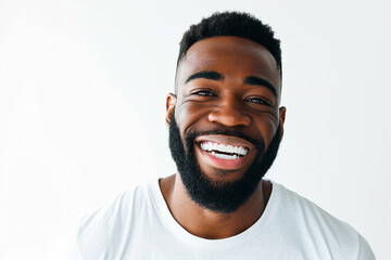 Portrait of a handsome black man smiling a white-hot smile  on white background - obrazy, fototapety, plakaty