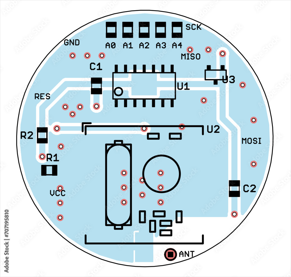 Poster vector round printed circuit board of electronic device with components of radio elements, conductor