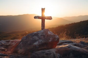 At the break of dawn, a rustic wooden cross stands firm, symbolizing faith, hope, and the spiritual...