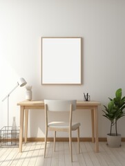 Table With Chair and Picture Frame on Wall. Scandinavian home interior design of modern living home.