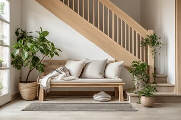 Living Room With Couch and Plants for a Relaxing Atmosphere. Scandinavian home interior design of modern living home.