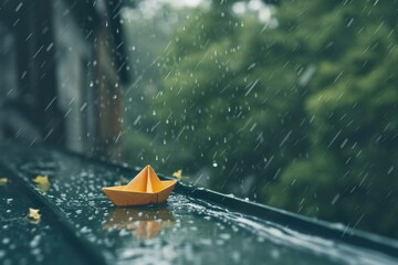 Single paper boat floating down a rain-filled gutter