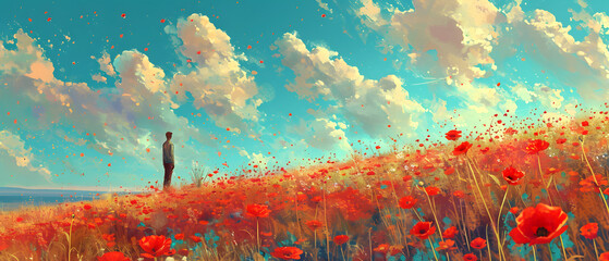 Amidst a sea of vibrant coquelicots, a solitary figure stands in contemplation beneath a pastel sky, lost in the natural artistry of the outdoor landscape
