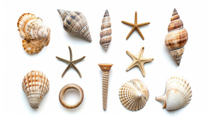 Assortment of Seashells and Starfish Isolated on White for Marine Life and Travel Design