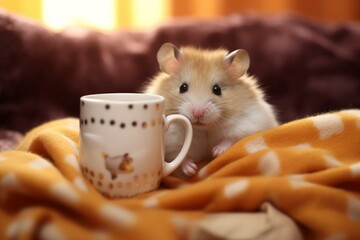 A hamster resting on a blanket alongside a cup. Generative AI