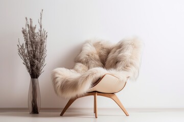 Chair With Fur and Vase - Cozy Home Decor. Scandinavian home interior design of modern living home.