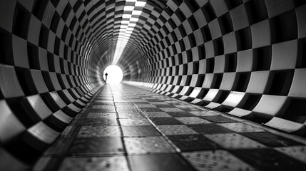 Black and white checkered tunnel with a figure at the end offering a perspective on solitude and contemplation.