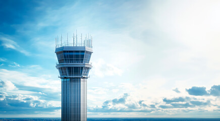 Air traffic control tower at an airport, isolated on a clear blue sky.	