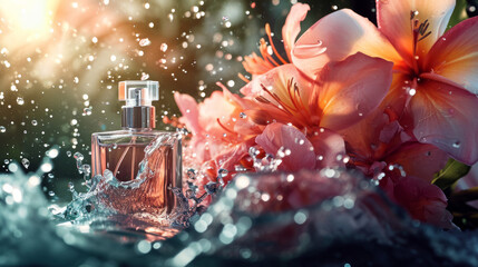 Luxury Fragrance Bottle with Water Splash and Vibrant Flowers, Cosmetic Product Photography