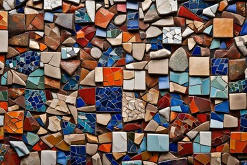 A creative mosaic artwork assembled from broken ceramic tiles, forming a vibrant pattern on a wooden board.