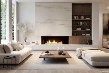 Fototapeta premium Cozy Living Room With Furniture and Fireplace. Scandinavian home interior design of modern living home.