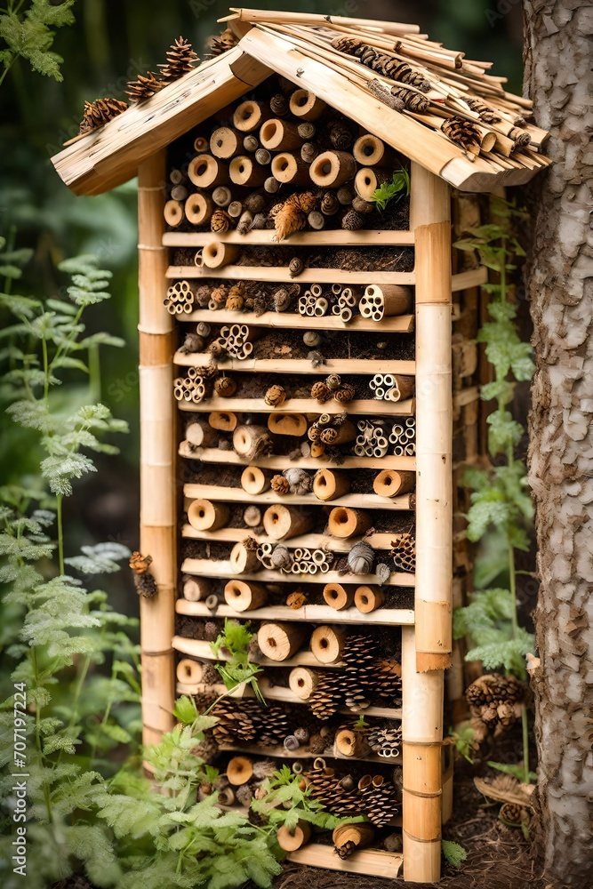 Poster a step-by-step visual guide to creating a diy insect hotel for a backyard garden, using natural mate