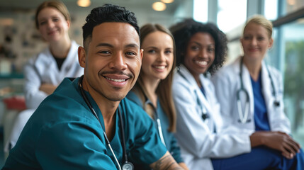 Diverse group of medical professionals, with a doctor in a white lab coat and stethoscope at the forefront, smiling at the camera. - Powered by Adobe