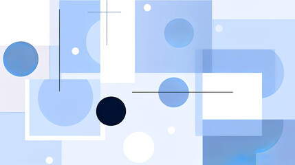 The image depicts a minimalist geometric composition with overlapping squares and circles in varying shades of blue and white, creating a clean and modern design.Background concept. AI generated.