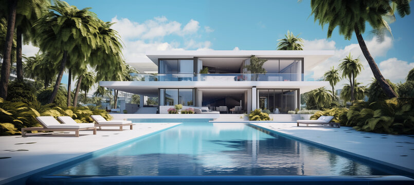 Exterior of amazing modern minimalist cubic villa with large pool among palm trees. Large family villa in Miami, Bali or Cyprus. Family nest for luxury vacation with large pool outside. Large house in