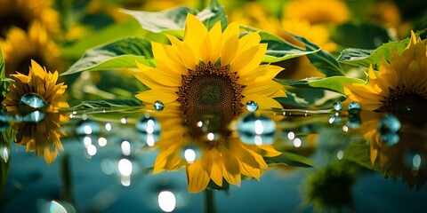 Summer Bloom,Water-kissed Sunflower Wallpaper.AI Generative 