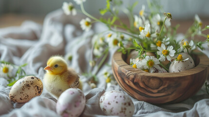 Easter background with Easter eggs and chick. 