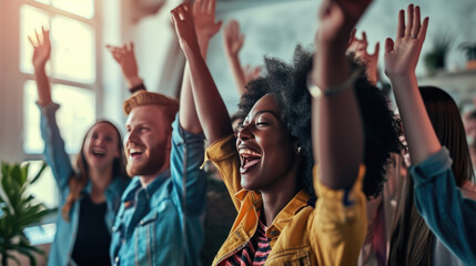 Group of people are celebrating in an office environment, with one woman in the center laughing and raising her arms in joy, surrounded by her colleagues who are also expressing happiness. - Powered by Adobe