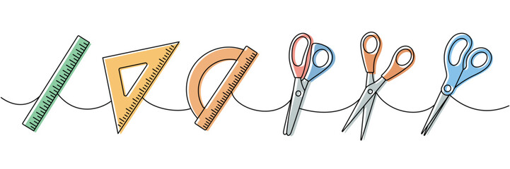 Set of school supplies. Back to school one line colored continuous drawing. Scissors, Ruler scale, protractor and triangle ruler, measuring tool