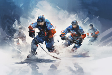 Team of hockey players playing hockey	 - obrazy, fototapety, plakaty