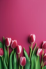 Spring tulip flowers on burgundy background top view in flat lay style