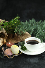 Obraz na płótnie Canvas Cup of hot coffee with japanese sweets daifuku mochi