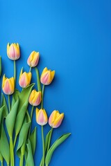 Spring tulip flowers on cobalt blue background top view in flat lay style