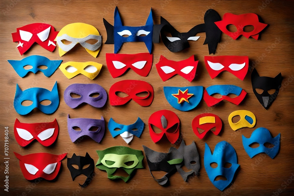 Poster a set of diy superhero masks made from felt and elastic, designed with unique symbols and colors for