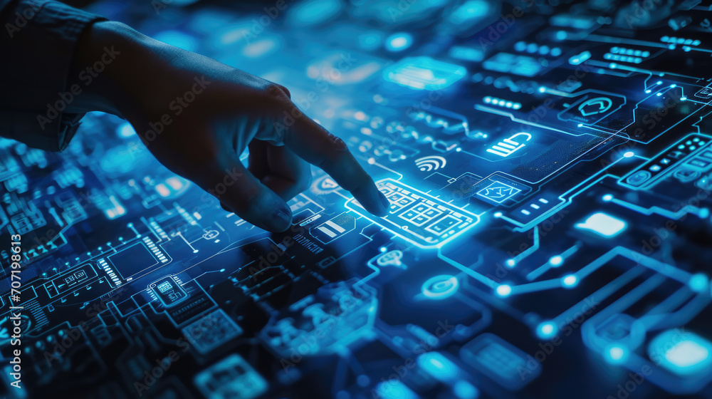 Aufkleber Close-up of a human hand interacting with a futuristic holographic interface featuring various digital icons related to cybersecurity and technology.