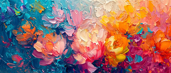 Vibrant strokes of acrylic paint bring a burst of color to this modern abstract artwork, featuring a child's playful flower creation in a close up of the painting - obrazy, fototapety, plakaty