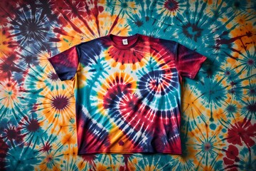 A homemade tie-dye t-shirt, featuring vibrant swirls of colors in a unique pattern.