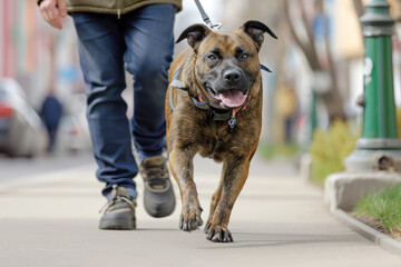 A man in jeans and sneakers walks a large purebred dog in the city, close-up