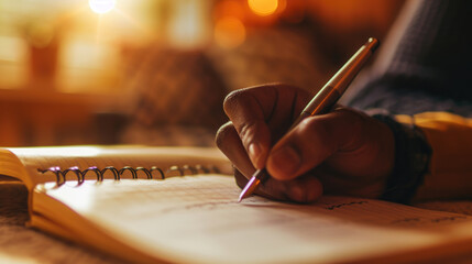 Close-up of a person's hand writing in a notebook with a pen, with a warm and cozy ambiance - obrazy, fototapety, plakaty