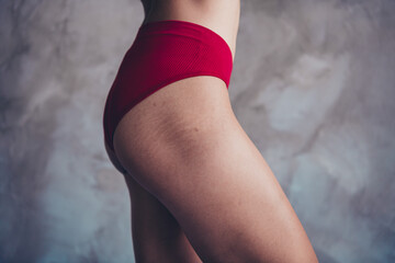 No retouch close up natural photo of confident body positive woman dressed red underwear show hips...