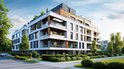 Contemporary Urban Living: Sleek Apartment Buildings in White and Orange with Stylish Balconies and Terraces