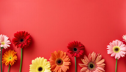Bright spring and summer background in red with red and pink gerberas. Frame of flowers with place for text, copyspace, web banner and postcard
