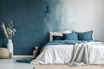 Serene Elegance: White, Grey, and Petrol Blue Bedroom Design with Copy Space