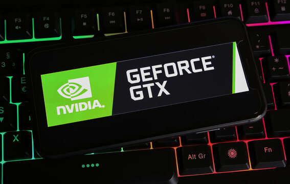 Viersen, Germany - January 9. 2024: Closeup of smartphone on pc keyboard with logo lettering of Nvidia Geforce GTX GPU