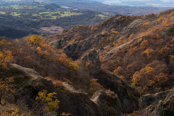 Landscape of mountains in Birtvisi, Georgia. Amazing view of the Caucasus land. Landscape of a mountainous area with rocks and cliffs on an autumn day. Autumn landscape of Birtvisi canyon, Kvemo Kartl