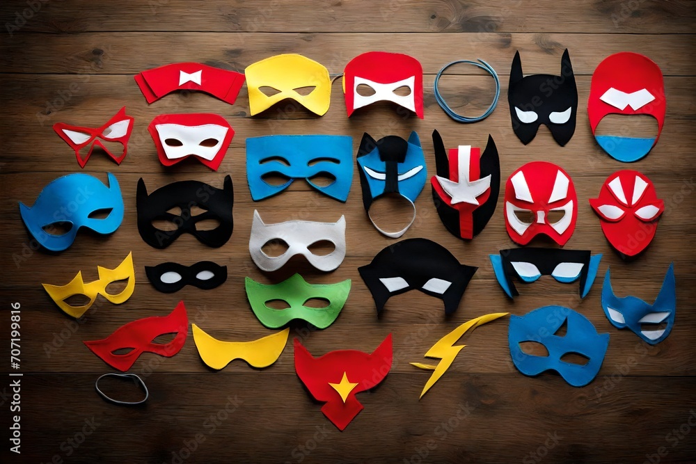 Poster a set of diy superhero masks made from felt and elastic, designed with unique symbols and colors for
